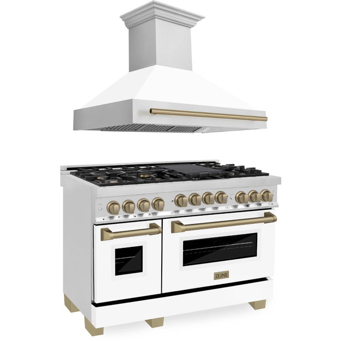 ZLINE Autograph Package - 48 In. Gas Range and Range Hood in Stainless Steel with White Matte Door and Champagne Bronze Accents, 2AKPR-RGWMRH48-CB