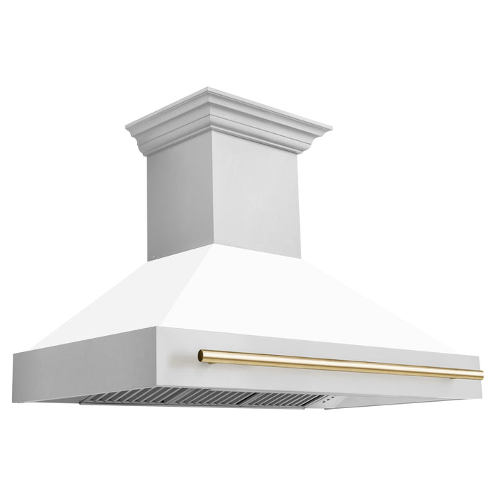 ZLINE Kitchen Appliance Packages ZLINE Autograph Package - 48 In. Gas Range and Range Hood in Stainless Steel with White Matte Door and Gold Accents, 2AKPR-RGWMRH48-G