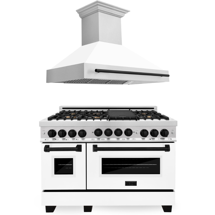 ZLINE Autograph Package - 48 In. Gas Range and Range Hood with White Matte Door and Matte Black Accents, 2AKPR-RGWMRH48-MB