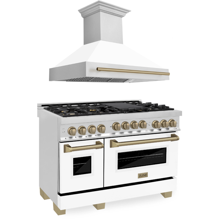 ZLINE Autograph Package - 48 In. Gas Range and Range Hood with White Matte Finish and Champagne Bronze Accents, 2AKP-RGWMRH48-CB