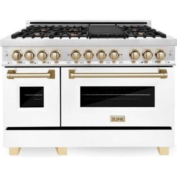 ZLINE Autograph Package - 48 In. Gas Range and Range Hood with White Matte Finish and Gold Accents, 2AKP-RGWMRH48-G