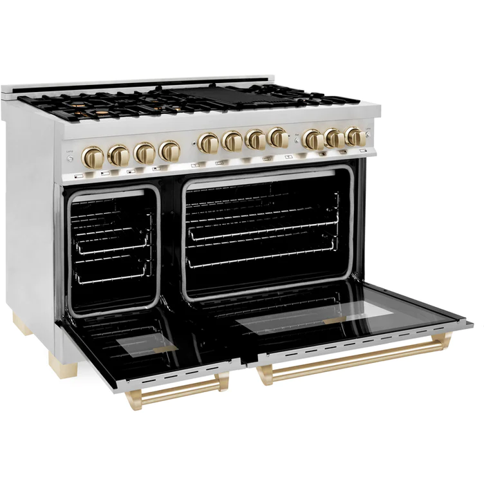 ZLINE Autograph Package - 48 in. Gas Range, Range Hood, 3 Rack Dishwasher, Refrigerator with Gold Accents - 4AKPR-RGRHDWM48-G