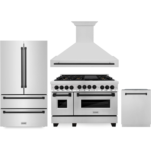 ZLINE Kitchen Appliance Packages ZLINE Autograph Package - 48 in. Gas Range, Range Hood, 3 Rack Dishwasher, Refrigerator with Matte Black Accents - 4AKPR-RGRHDWM48-MB
