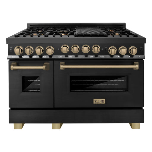 ZLINE Kitchen Appliance Packages ZLINE Autograph Package - 48 In. Gas Range, Range Hood and Dishwasher in Black Stainless Steel with Champagne Bronze Accents, 3AKPR-RGBRHDWV48-CB