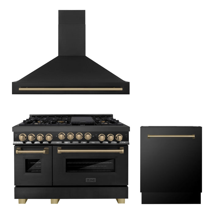 ZLINE Autograph Package - 48 In. Gas Range, Range Hood and Dishwasher in Black Stainless Steel with Champagne Bronze Accents, 3AKPR-RGBRHDWV48-CB