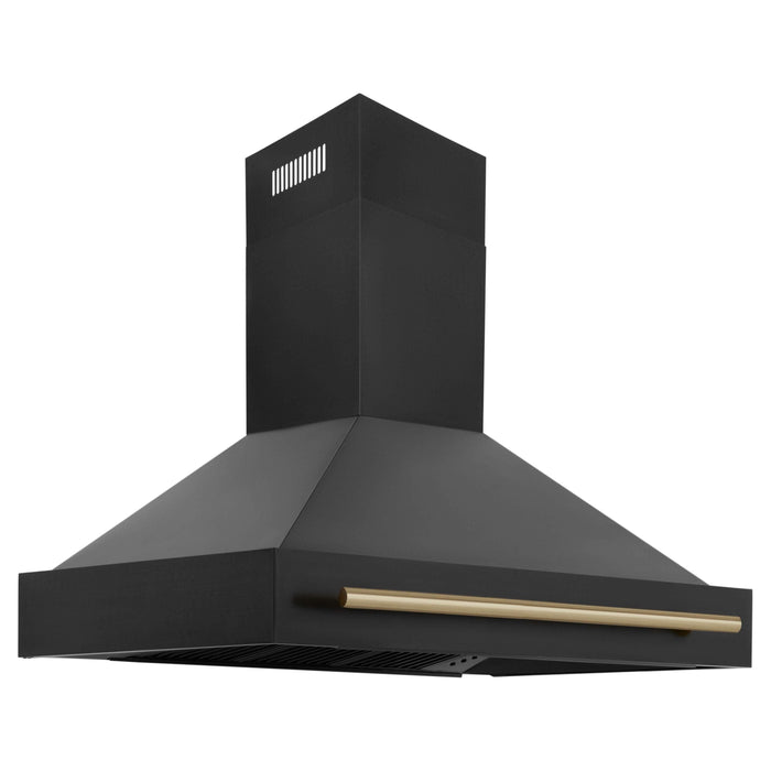 ZLINE Autograph Package - 48 In. Gas Range, Range Hood and Dishwasher in Black Stainless Steel with Champagne Bronze Accents, 3AKPR-RGBRHDWV48-CB