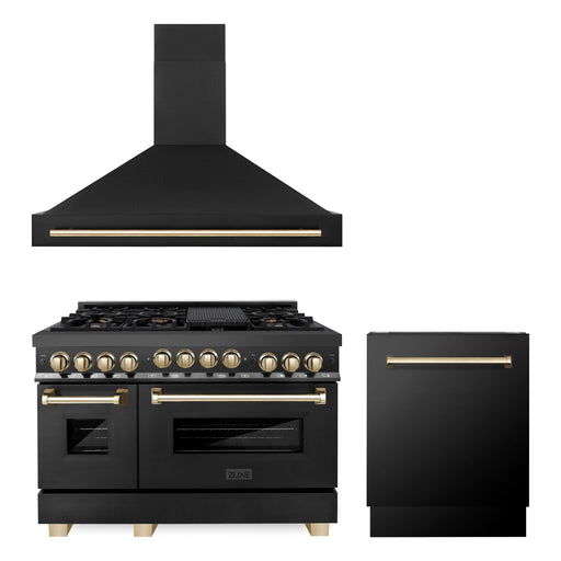 ZLINE Autograph Package - 48 In. Gas Range, Range Hood and Dishwasher in Black Stainless Steel with Gold Accents, 3AKPR-RGBRHDWV48-G