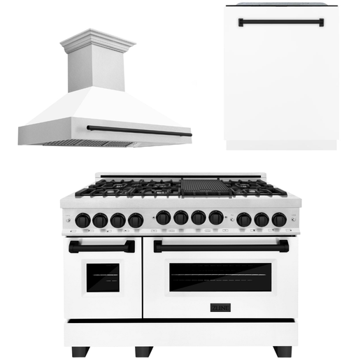 ZLINE Kitchen Appliance Packages ZLINE Autograph Package - 48 In. Gas Range, Range Hood, and Dishwasher in DuraSnow® Stainless Steel with White Matte Finish and Matte Black Accents, 3AKPR-RGSWMRHDWM48-MB