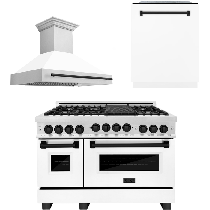 ZLINE Autograph Package - 48 In. Gas Range, Range Hood, and Dishwasher in DuraSnow® Stainless Steel with White Matte Finish and Matte Black Accents, 3AKPR-RGSWMRHDWM48-MB