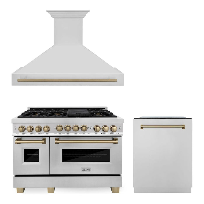 ZLINE Autograph Package - 48 In. Gas Range, Range Hood and Dishwasher in Stainless Steel with Champagne Bronze Accents, 3AKPR-RGRH48-CB