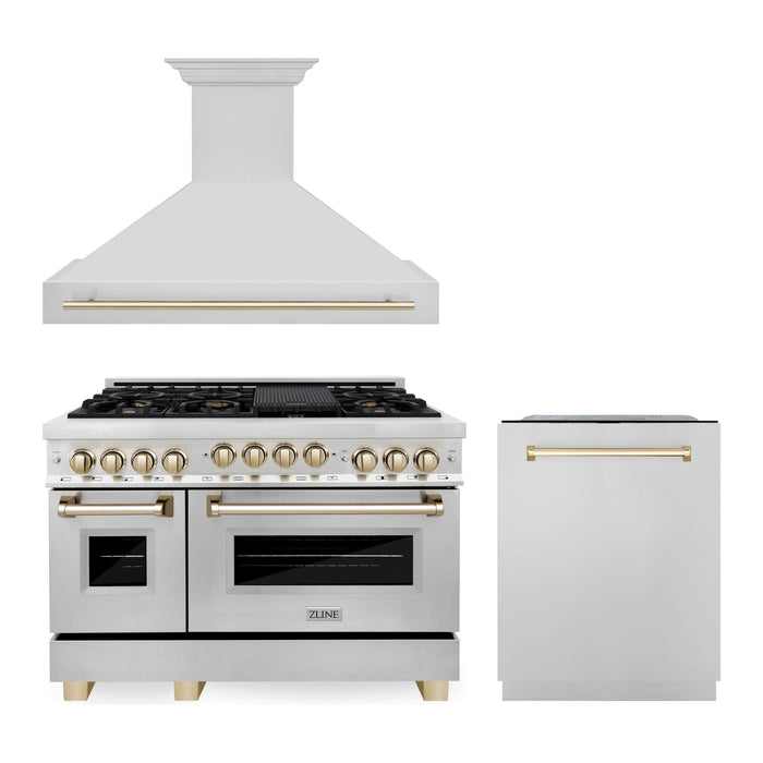 ZLINE Autograph Package - 48 In. Gas Range, Range Hood and Dishwasher in Stainless Steel with Gold Accents, 3AKPR-RGRH48-G