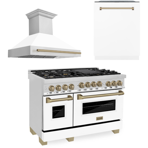 ZLINE Autograph Package - 48 In. Gas Range, Range Hood, and Dishwasher in Stainless Steel with White Matte Door and Champagne Bronze Accents, 3AKPR-RGWMRH48-CB