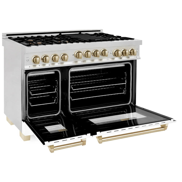 ZLINE Autograph Package - 48 In. Gas Range, Range Hood and Dishwasher in with White Matte Door and Gold Accents, 3AKPR-RGSWMRHDWM48-G