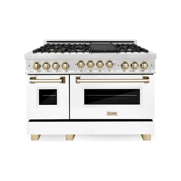 ZLINE Autograph Package - 48 In. Gas Range, Range Hood and Dishwasher in with White Matte Door and Gold Accents, 3AKPR-RGSWMRHDWM48-G