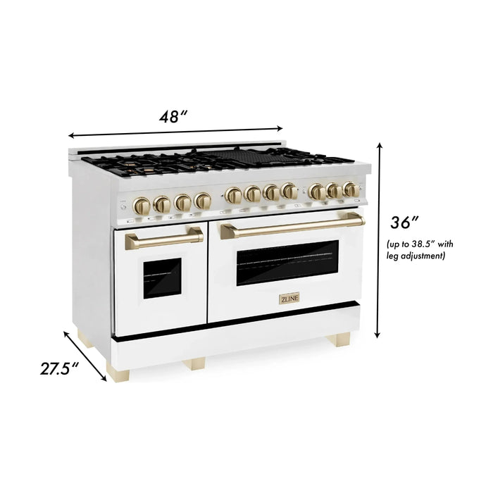 ZLINE Autograph Package - 48 In. Gas Range, Range Hood and Dishwasher in with White Matte Door and Gold Accents, 3AKPR-RGSWMRHDWM48-G