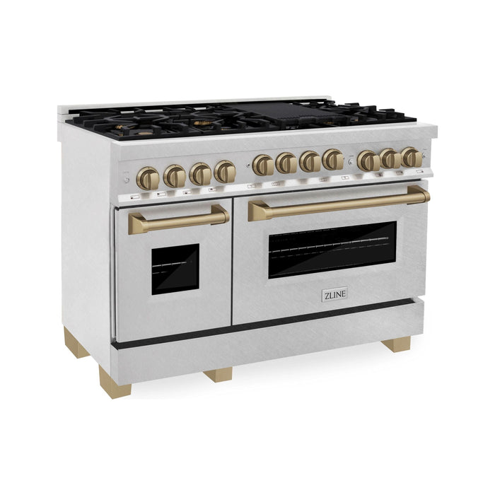 ZLINE Autograph Package - 48 In. Gas Range, Range Hood and Dishwasher with Champagne Bronze Accents, 3AKPR-RGSRHDWM48-CB