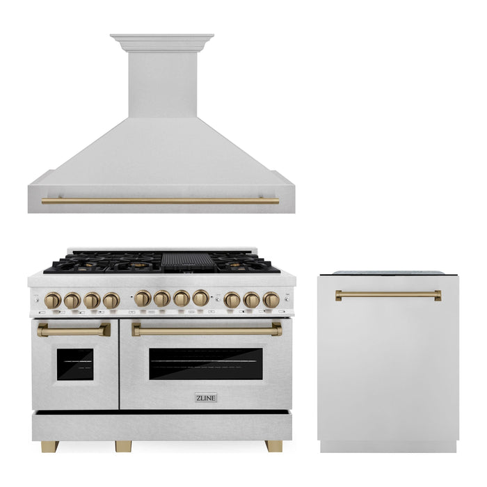 ZLINE Autograph Package - 48 In. Gas Range, Range Hood and Dishwasher with Champagne Bronze Accents, 3AKPR-RGSRHDWM48-CB