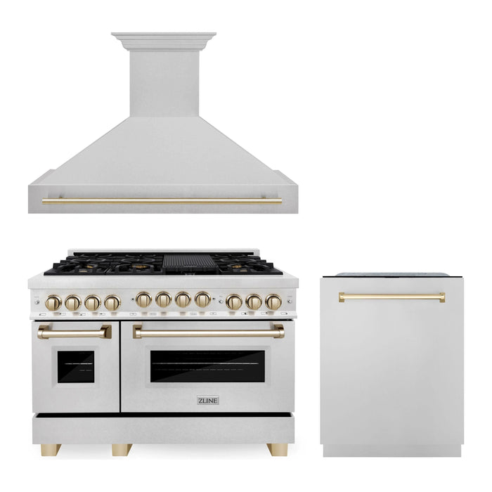 ZLINE Autograph Package - 48 In. Gas Range, Range Hood and Dishwasher with Gold Accents, 3AKPR-RGSRHDWM48-G