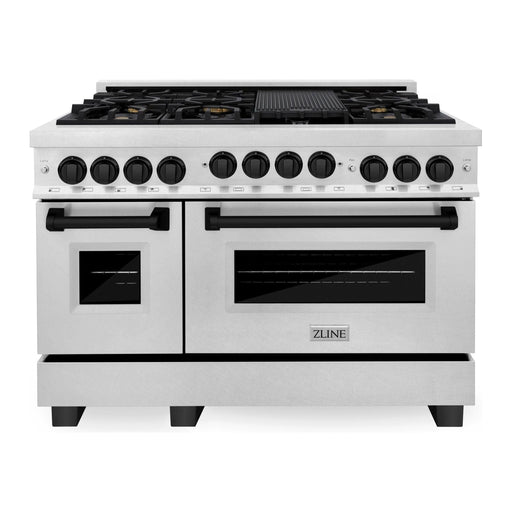 ZLINE Autograph Package - 48 In. Gas Range, Range Hood and Dishwasher with Matte Black Accents, 3AKPR-RGSRHDWM48-MB