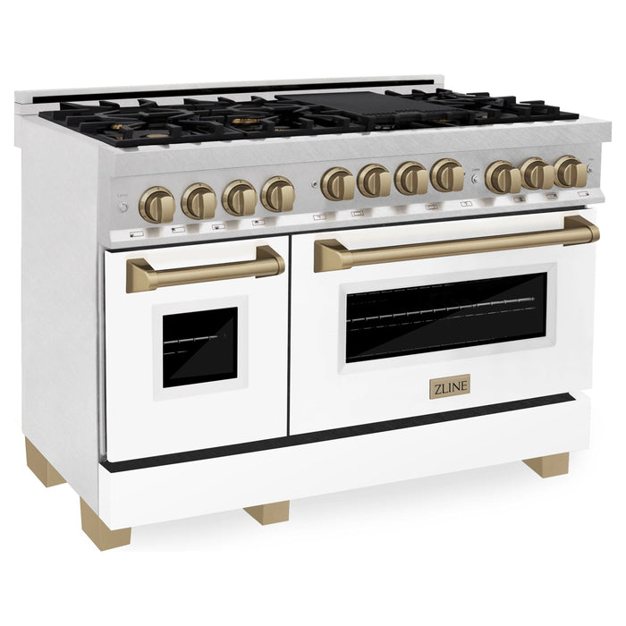 ZLINE Autograph Package - 48 In. Gas Range, Range Hood, and Dishwasher with White Matte Door and Bronze Accents, 3AKPR-RGSWMRHDWM48-CB