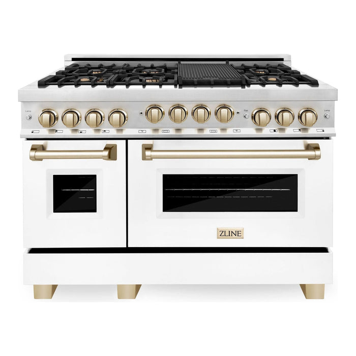 ZLINE Autograph Package - 48 In. Gas Range, Range Hood, and Dishwasher with White Matte Door and Gold Accents, 3AKPR-RGWMRH48-G