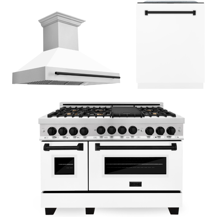 ZLINE Autograph Package - 48 In. Gas Range, Range Hood, and Dishwasher with White Matte Door and Matte Black Accents, 3AKPR-RGWMRH48-MB