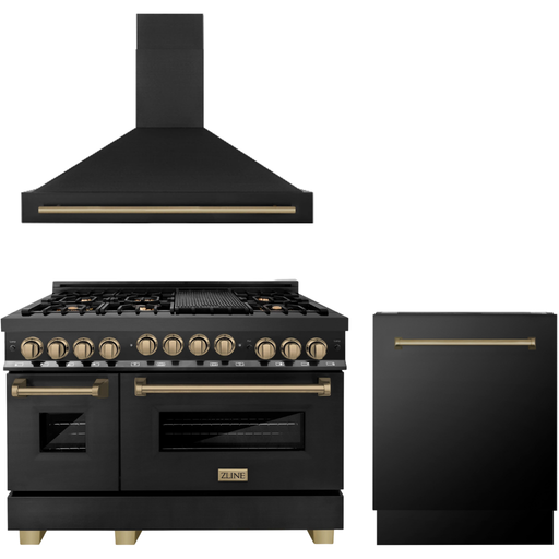 ZLINE Kitchen Appliance Packages ZLINE Autograph Package - 48 In. Gas Range, Range Hood, Dishwasher in Black Stainless Steel with Champagne Bronze Accents, 3AKP-RGBRHDWV48-CB