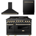 ZLINE Autograph Package - 48 In. Gas Range, Range Hood, Dishwasher in Black Stainless Steel with Gold Accents, 3AKP-RGBRHDWV48-G