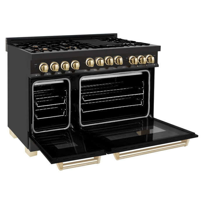 ZLINE Autograph Package - 48 In. Gas Range, Range Hood, Dishwasher in Black Stainless Steel with Gold Accents, 3AKP-RGBRHDWV48-G