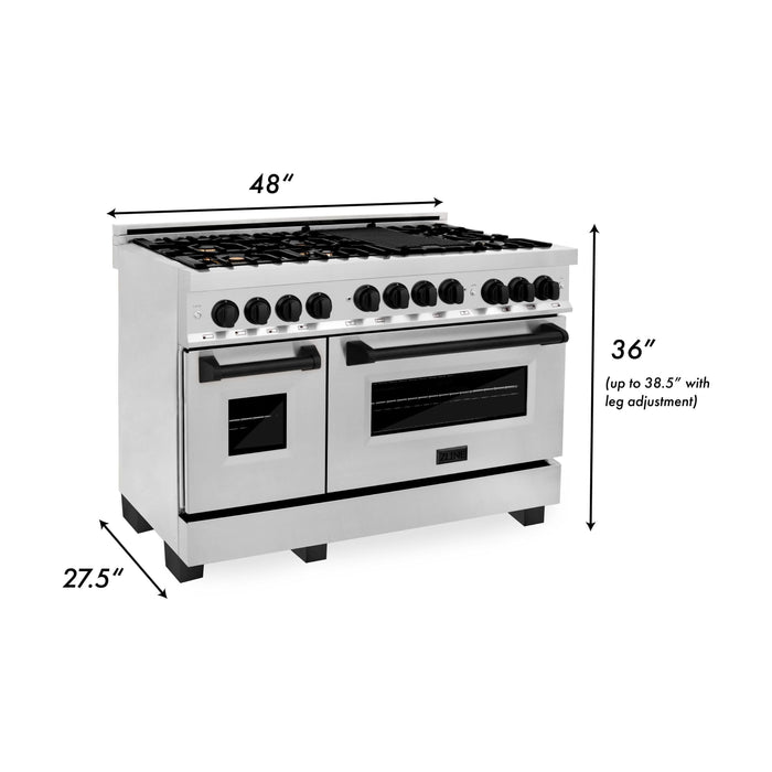 ZLINE Kitchen Appliance Packages ZLINE Autograph Package - 48 In. Gas Range, Range Hood, Dishwasher in Stainless Steel with Matte Black Accents, 3AKP-RGRHDWM48-MB