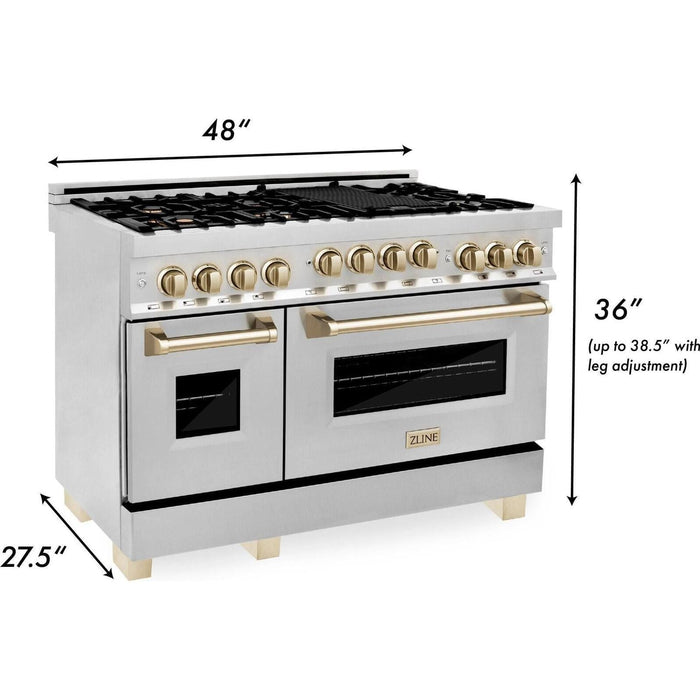 ZLINE Autograph Package - 48 In. Gas Range, Range Hood, Dishwasher in White Matte with Champagne Bronze Accents, 3AKP-RGWMRHDWM48-CB