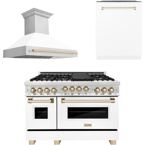 ZLINE Autograph Package - 48 In. Gas Range, Range Hood, Dishwasher in White Matte with Gold Accents, 3AKP-RGWMRHDWM48-G