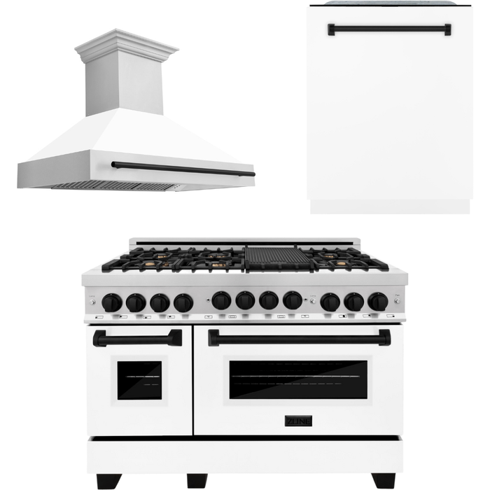 ZLINE Autograph Package - 48 In. Gas Range, Range Hood, Dishwasher in White Matte with Matte Black Accents, 3AKP-RGWMRHDWM48-MB