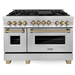 ZLINE Autograph Package - 48 in. Gas Range, Range Hood, Dishwasher, Refrigerator with Water and Ice Dispenser with Champagne Bronze Accents - 4KAPR-RGRHDWM48-CB