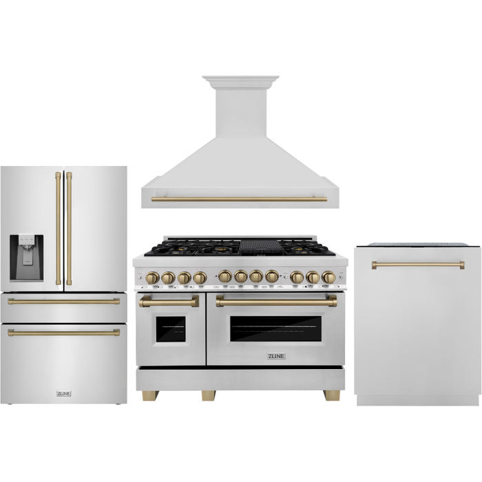 ZLINE Autograph Package - 48 in. Gas Range, Range Hood, Dishwasher, Refrigerator with Water and Ice Dispenser with Champagne Bronze Accents - 4KAPR-RGRHDWM48-CB