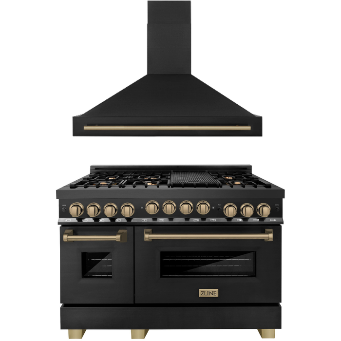 ZLINE Autograph Package - 48 In. Gas Range, Range Hood in Black Stainless Steel with Champagne Bronze Accents, 2AKP-RGBRH48-CB