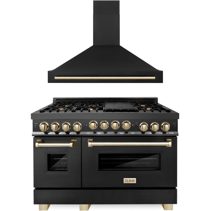 ZLINE Autograph Package - 48 In. Gas Range, Range Hood in Black Stainless Steel with Gold Accents, 2AKP-RGBRH48-G