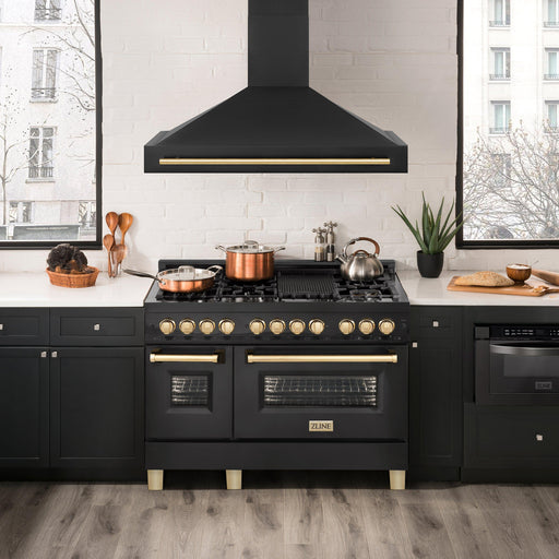 ZLINE Autograph Package - 48 In. Gas Range, Range Hood in Black Stainless Steel with Gold Accents, 2AKP-RGBRH48-G