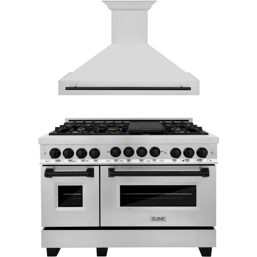 ZLINE Kitchen Appliance Packages ZLINE Autograph Package - 48 In. Gas Range, Range Hood in Stainless Steel with Matte Black Accents, 2AKP-RGRH48-MB