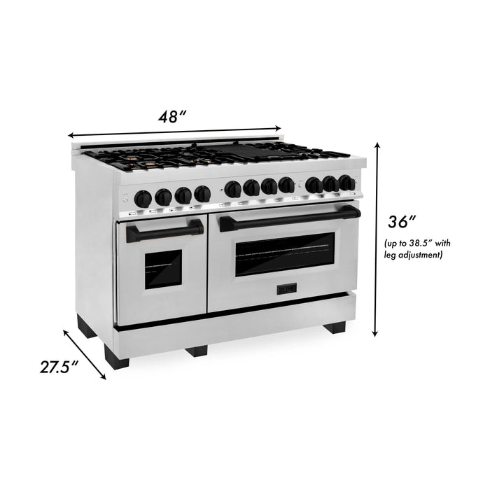 ZLINE Autograph Package - 48 In. Gas Range, Range Hood in Stainless Steel with Matte Black Accents, 2AKP-RGRH48-MB