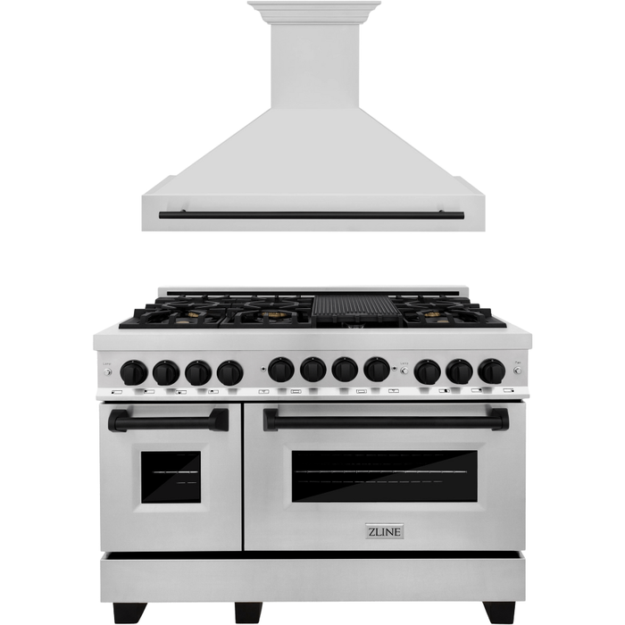 ZLINE Autograph Package - 48 In. Gas Range, Range Hood in Stainless Steel with Matte Black Accents, 2AKP-RGRH48-MB