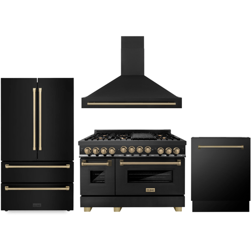 ZLINE Autograph Package - 48 In. Gas Range, Range Hood, Refrigerator, and Dishwasher in Black Stainless Steel with Champagne Bronze Accents, 4AKPR-RGBRHDWV48-CB