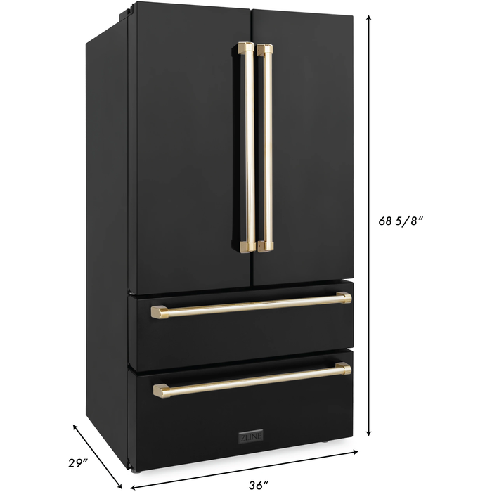 ZLINE Autograph Package - 48 In. Gas Range, Range Hood, Refrigerator, and Dishwasher in Black Stainless Steel with Gold Accents, 4AKPR-RGBRHDWV48-G