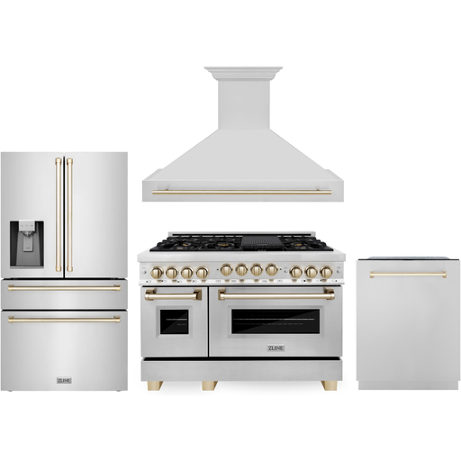 ZLINE Autograph Package - 48 In. Gas Range, Range Hood, Refrigerator, and Dishwasher in Stainless Steel with Gold Accents, 4KAPR-RGRHDWM48-G