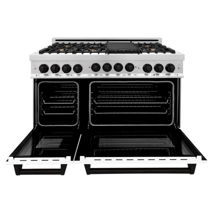 ZLINE Autograph Package - 48 In. Gas Range, Range Hood, Refrigerator, Dishwasher with Matte Black Accents, 4KAPR-RGWMRHDWM48-MB