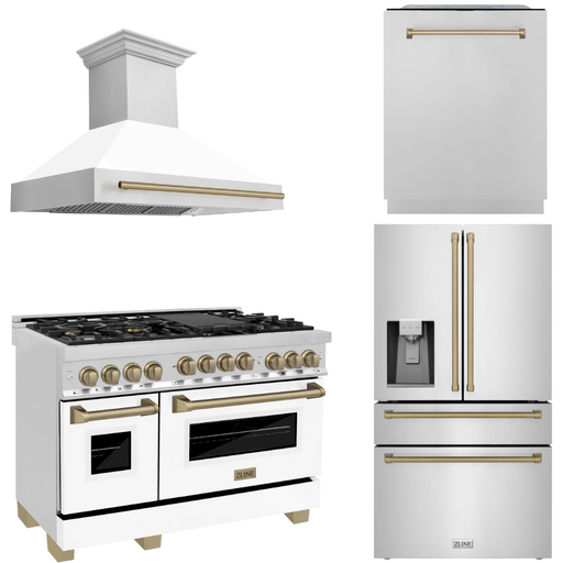 ZLINE Kitchen Appliance Packages ZLINE Autograph Package - 48 In. Gas Range, Range Hood, Refrigerator with Water and Ice Dispenser, Dishwasher in Stainless Steel with Champagne Bronze Accents, 4AKPR-RGWMRHDWM48-CB
