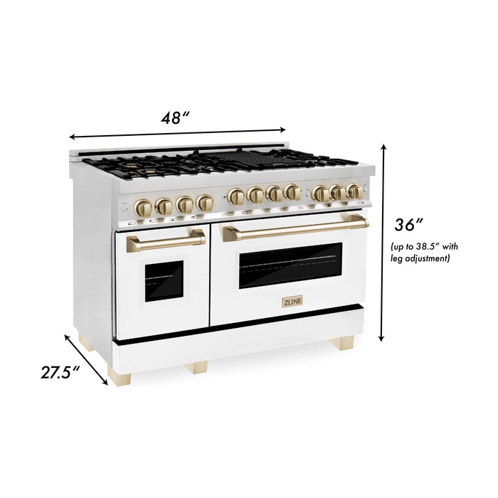 ZLINE Autograph Package - 48 In. Gas Range, Range Hood, Refrigerator with Water and Ice Dispenser, Dishwasher in Stainless Steel with Gold Accents, 4AKPR-RGWMRHDWM48-G