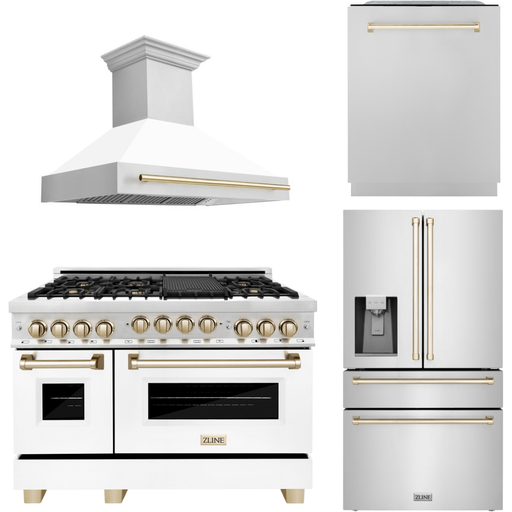 ZLINE Kitchen Appliance Packages ZLINE Autograph Package - 48 In. Gas Range, Range Hood, Refrigerator with Water and Ice Dispenser, Dishwasher in Stainless Steel with Gold Accents, 4AKPR-RGWMRHDWM48-G