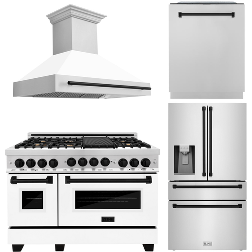ZLINE Kitchen Appliance Packages ZLINE Autograph Package - 48 In. Gas Range, Range Hood, Refrigerator with Water and Ice Dispenser, Dishwasher in Stainless Steel with Matte Black Accents, 4AKPR-RGWMRHDWM48-MB