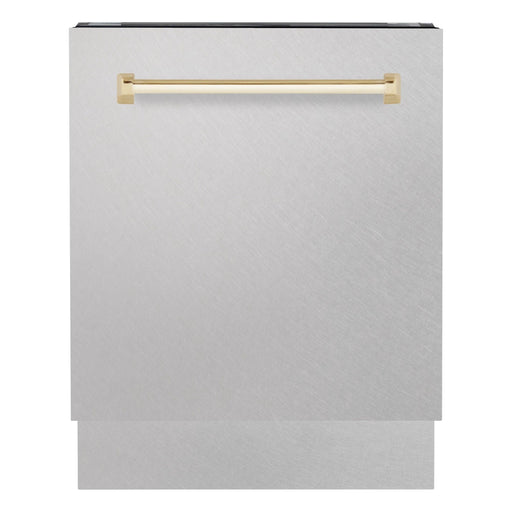 ZLINE Autograph Series 24 inch Tall Dishwasher In DuraSnow Stainless Steel with Gold Handle DWVZ-SN-24-G